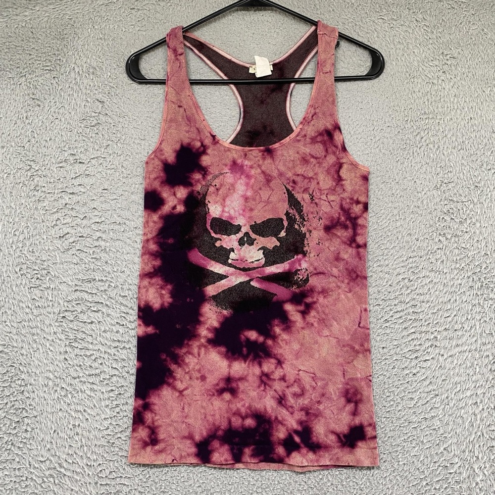 Nikibiki Grunge Tank Womens S M L Pink Skull Graphic Tie Dye Stretch Goth